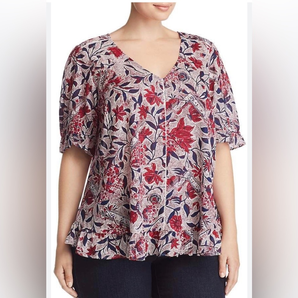 Lucky Brand Floral V-Neck Blouse - Red and Blue Size 2X